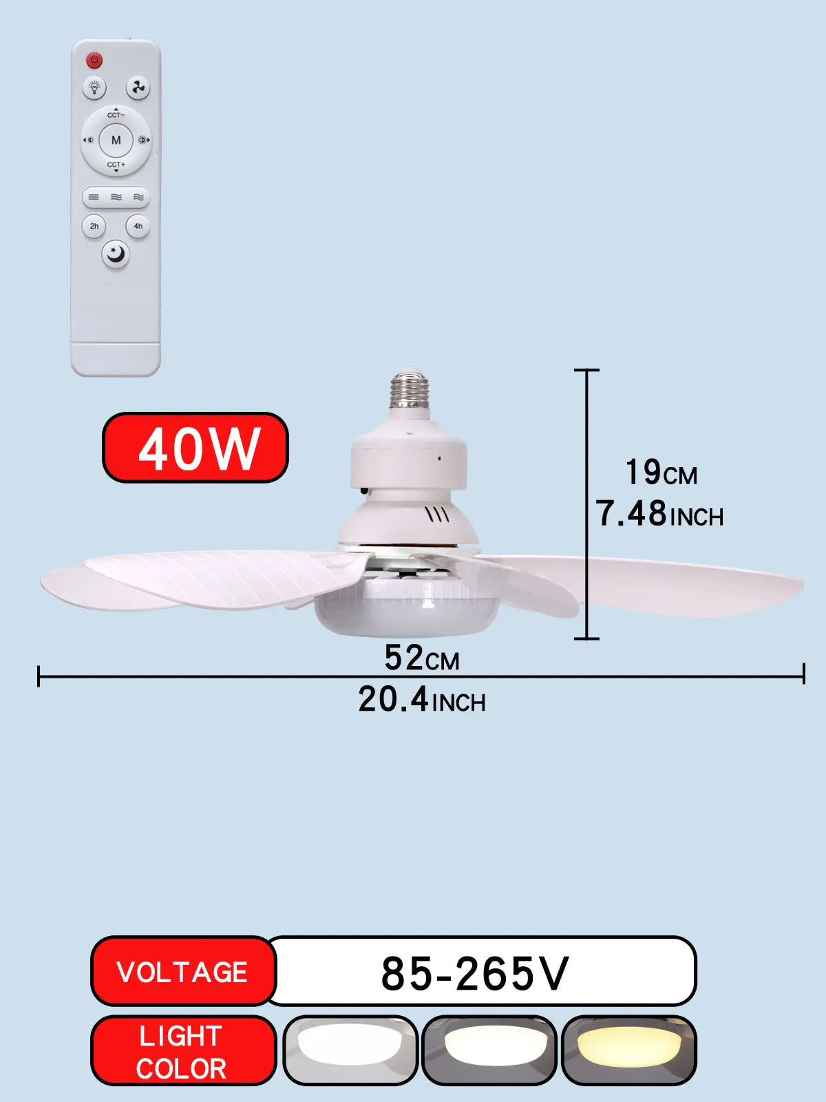 LED 30W or 40W Ceiling Fan Light E27 with Remote Control for Dimming, Suitable for Living Room, Study, Household Use 85-265V