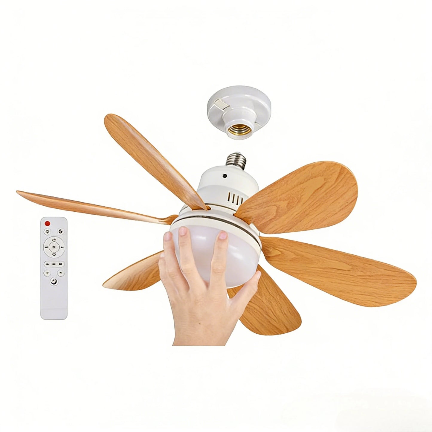 Wood Grain Socket Fan Light with Remote Control 6 Blades Ceiling Fan Light for Living Room Study Household Home Lighting