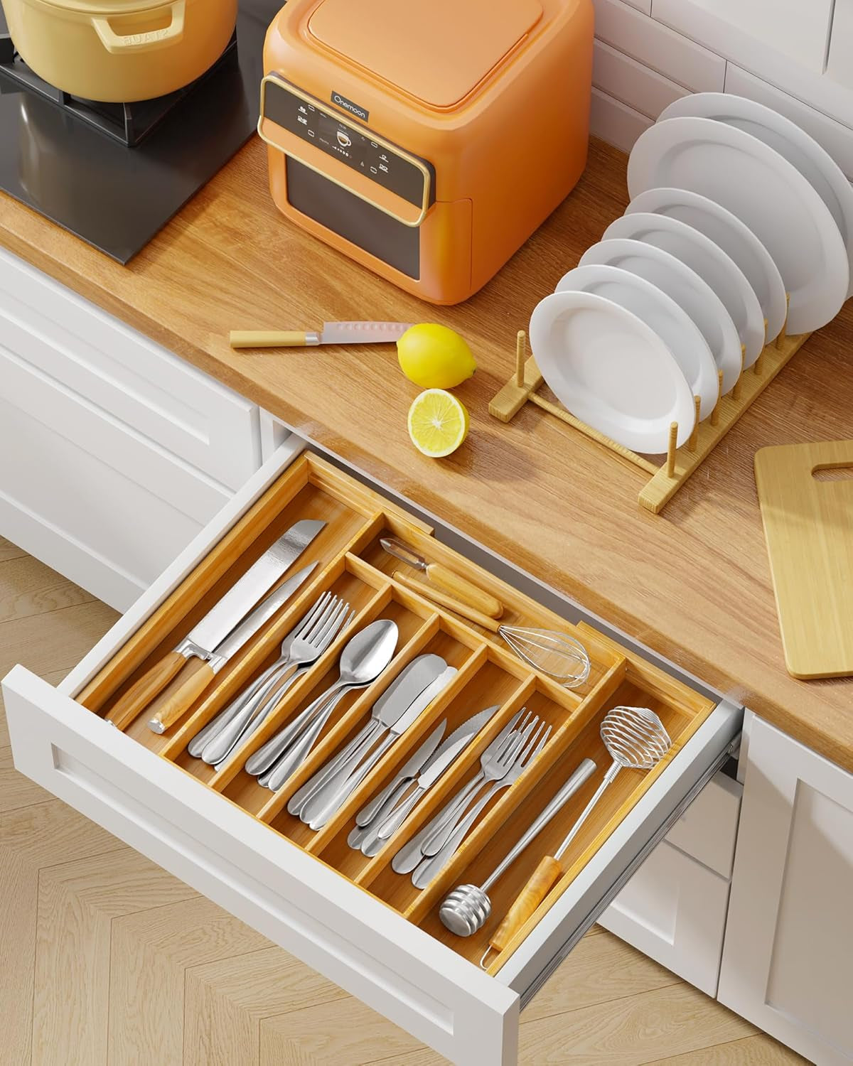  Expandable Drawer Organizer for Utensil, Cutlery and Flatware, Kitchen Storage Solution with 6 to 8 Slots, Natural, 19.4" × 13.1" × 1.8"