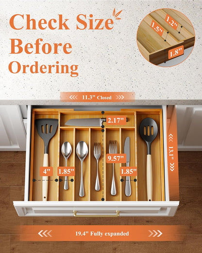  Expandable Drawer Organizer for Utensil, Cutlery and Flatware, Kitchen Storage Solution with 6 to 8 Slots, Natural, 19.4" × 13.1" × 1.8"