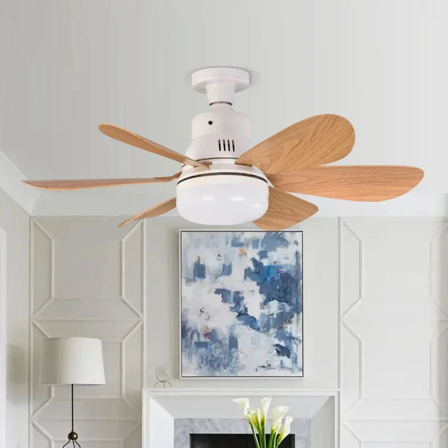 Wood Grain Socket Fan Light with Remote Control 6 Blades Ceiling Fan Light for Living Room Study Household Home Lighting