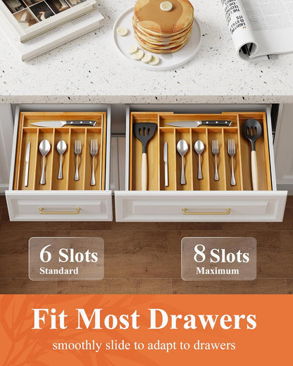  Expandable Drawer Organizer for Utensil, Cutlery and Flatware, Kitchen Storage Solution with 6 to 8 Slots, Natural, 19.4" × 13.1" × 1.8"