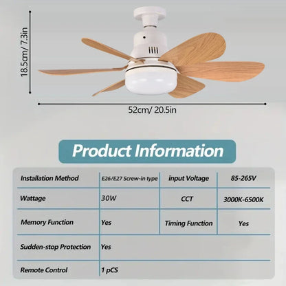 Wood Grain Socket Fan Light with Remote Control 6 Blades Ceiling Fan Light for Living Room Study Household Home Lighting