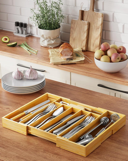  Expandable Drawer Organizer for Utensil, Cutlery and Flatware, Kitchen Storage Solution with 6 to 8 Slots, Natural, 19.4" × 13.1" × 1.8"