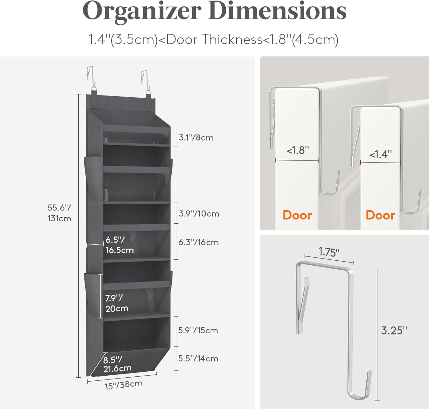 Over the Door Organizer with 5 or 6 or 10 Large Pockets - Hanging Storage Bag for Bedroom, Bathroom & Nursery - Heavy Duty Space-Saver