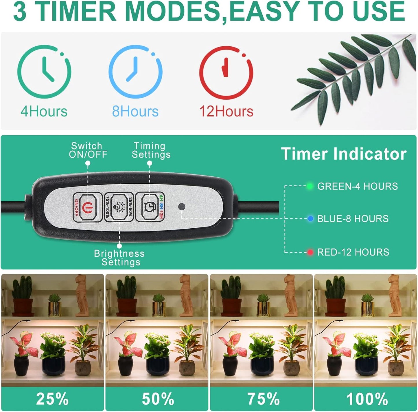 LED Grow Light, Full Spectrum Grow Light with 4 Dimmable Levels and Auto On/Off Timer, 135 Leds Plant Grow Lamp for Seedlings, Veg, Bloom and Succulents, Ideal for Indoor Plants,One Pack