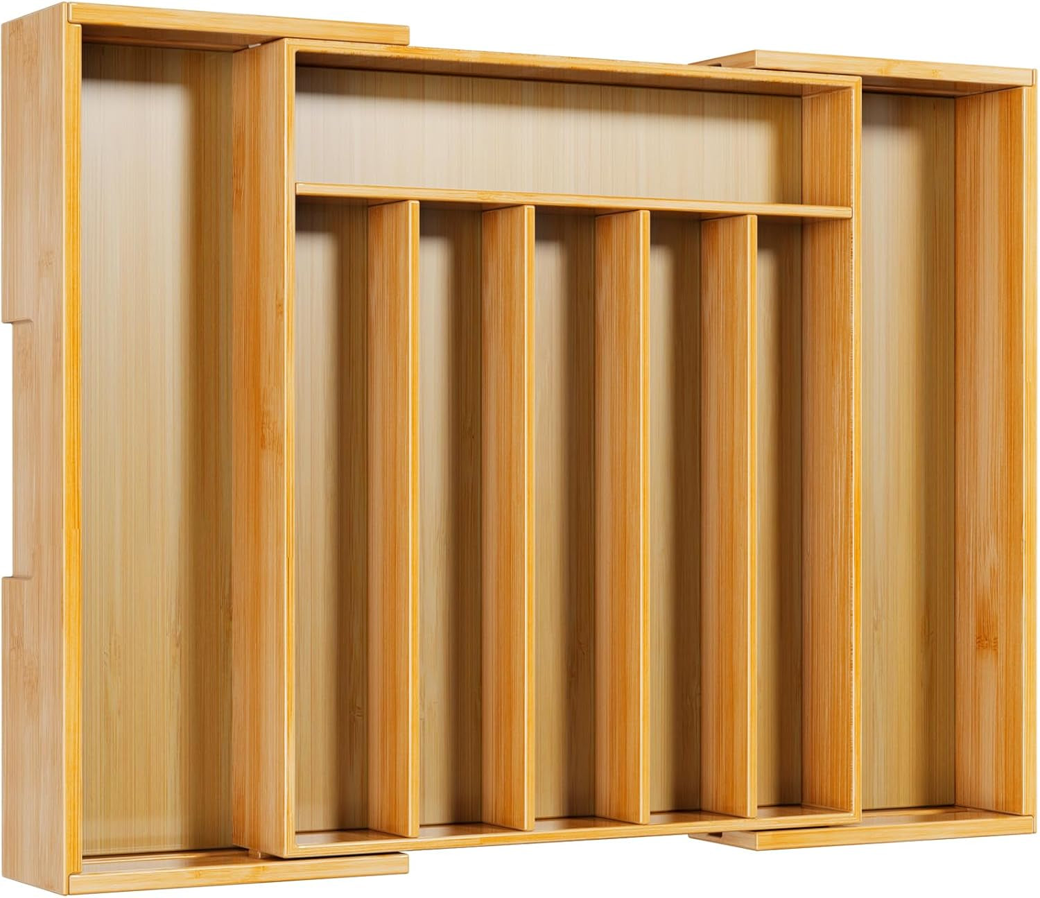  Expandable Drawer Organizer for Utensil, Cutlery and Flatware, Kitchen Storage Solution with 6 to 8 Slots, Natural, 19.4" × 13.1" × 1.8"