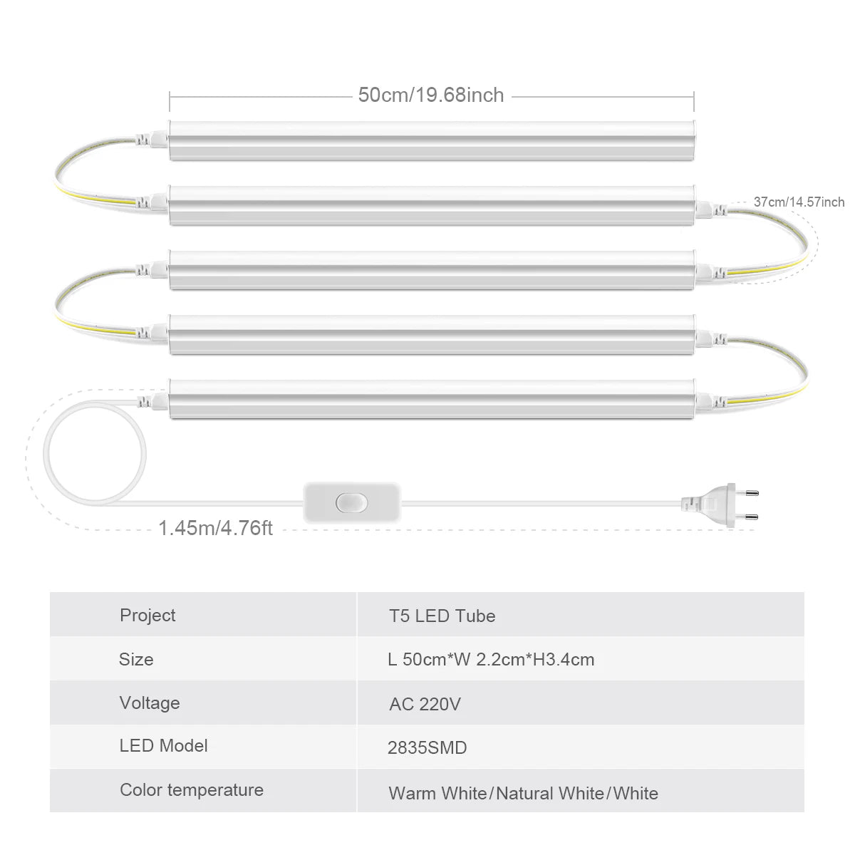 20-Inch T5 LED Tube Light with Switch - 1.64ft Under Cabinet Bar Lamp - Universal 110V-220V Plug-in Ceiling Light for Kitchen & Home