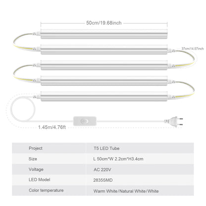 20-Inch T5 LED Tube Light with Switch - 1.64ft Under Cabinet Bar Lamp - Universal 110V-220V Plug-in Ceiling Light for Kitchen & Home
