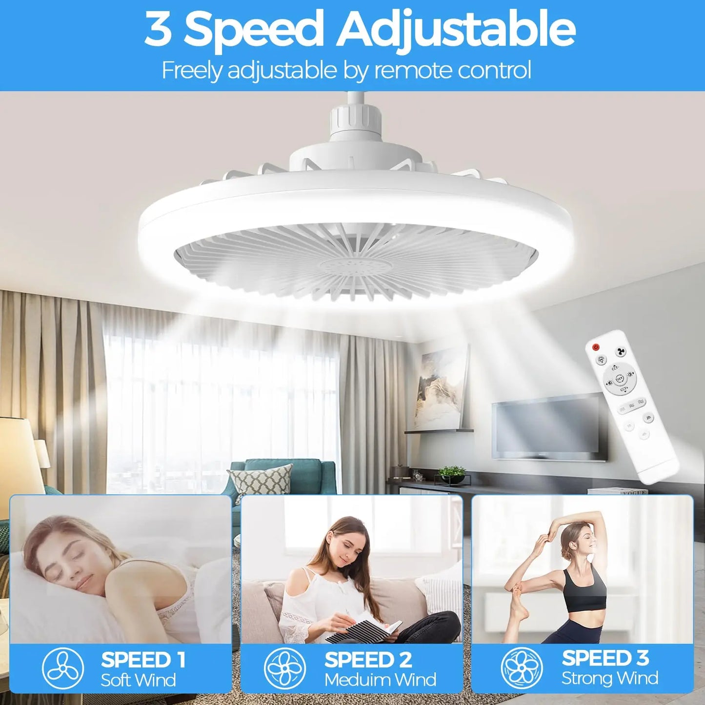 Screw-In Socket Ceiling Fan with LED Light - Easy E27 Plug-and-Play Installation - 3-Speed Silent Fan with Dimmable 3-Color Lighting
