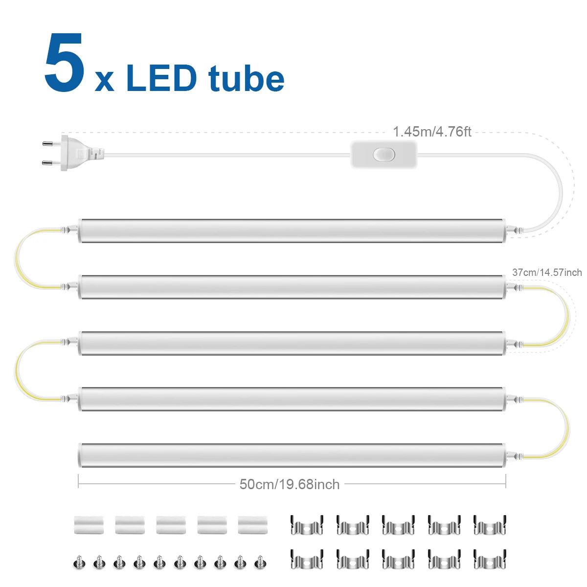 20-Inch T5 LED Tube Light with Switch - 1.64ft Under Cabinet Bar Lamp - Universal 110V-220V Plug-in Ceiling Light for Kitchen & Home