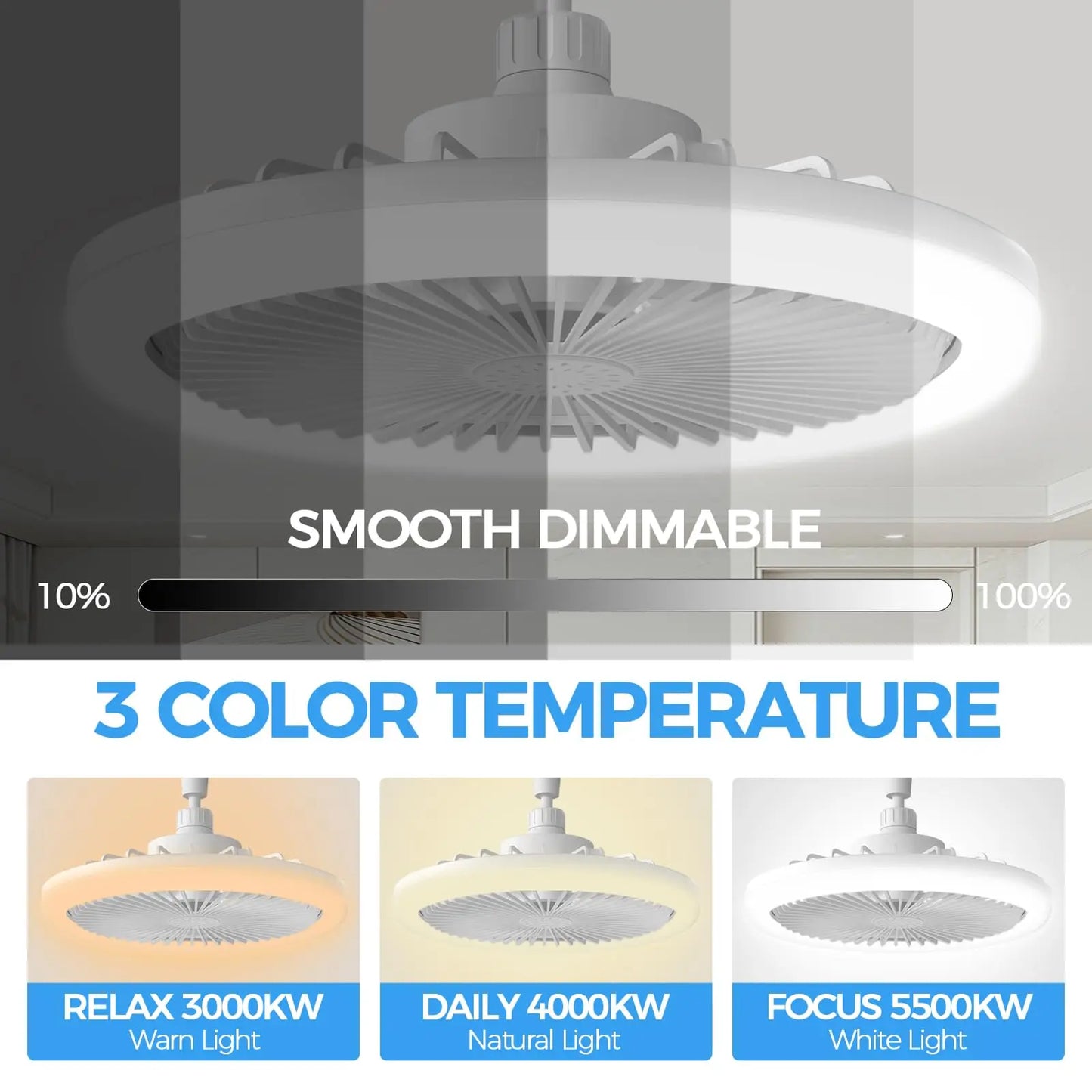 Screw-In Socket Ceiling Fan with LED Light - Easy E27 Plug-and-Play Installation - 3-Speed Silent Fan with Dimmable 3-Color Lighting