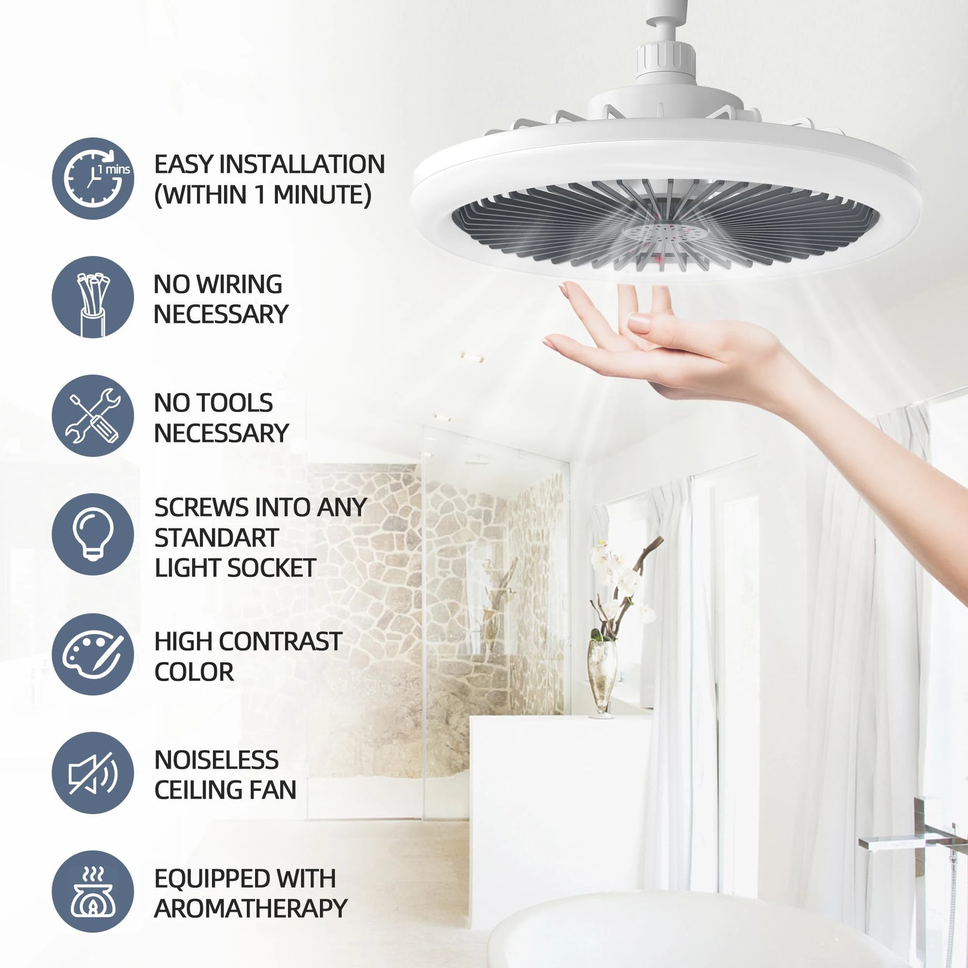 Screw-In Socket Ceiling Fan with LED Light - Easy E27 Plug-and-Play Installation - 3-Speed Silent Fan with Dimmable 3-Color Lighting