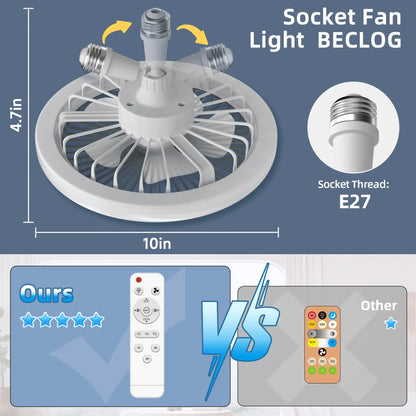 Screw-In Socket Ceiling Fan with LED Light - Easy E27 Plug-and-Play Installation - 3-Speed Silent Fan with Dimmable 3-Color Lighting