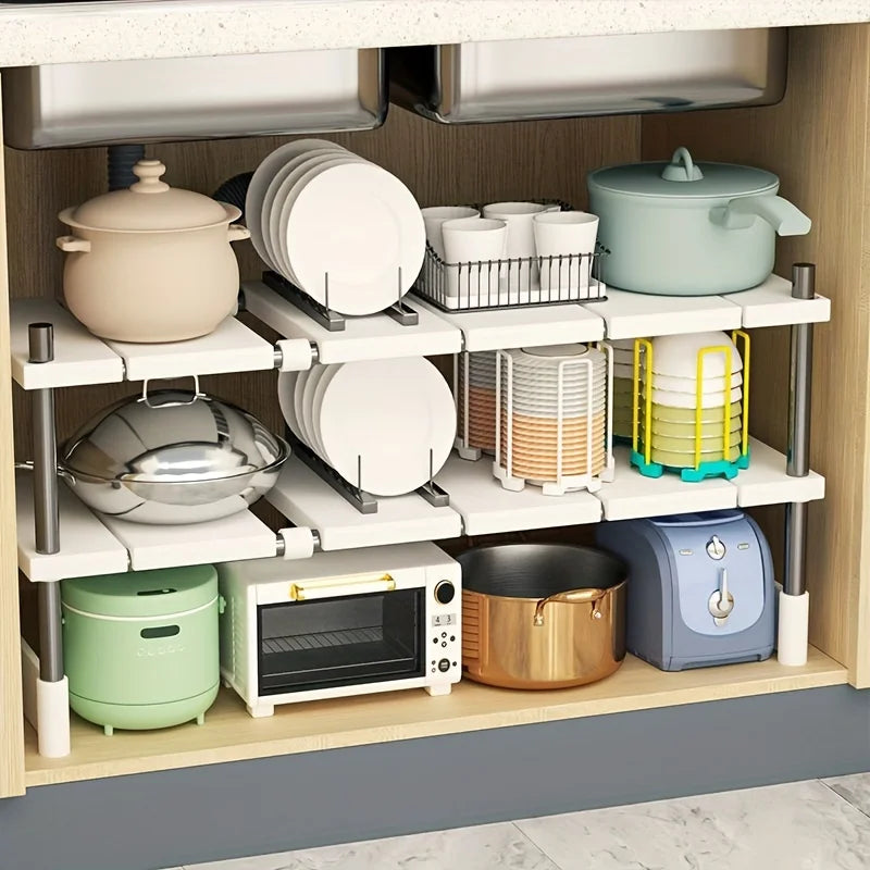 Adjustable Stainless Steel Under-Sink Organizer - Expandable Storage Rack for Kitchen & Bathroom - Stackable & Rust-Proof