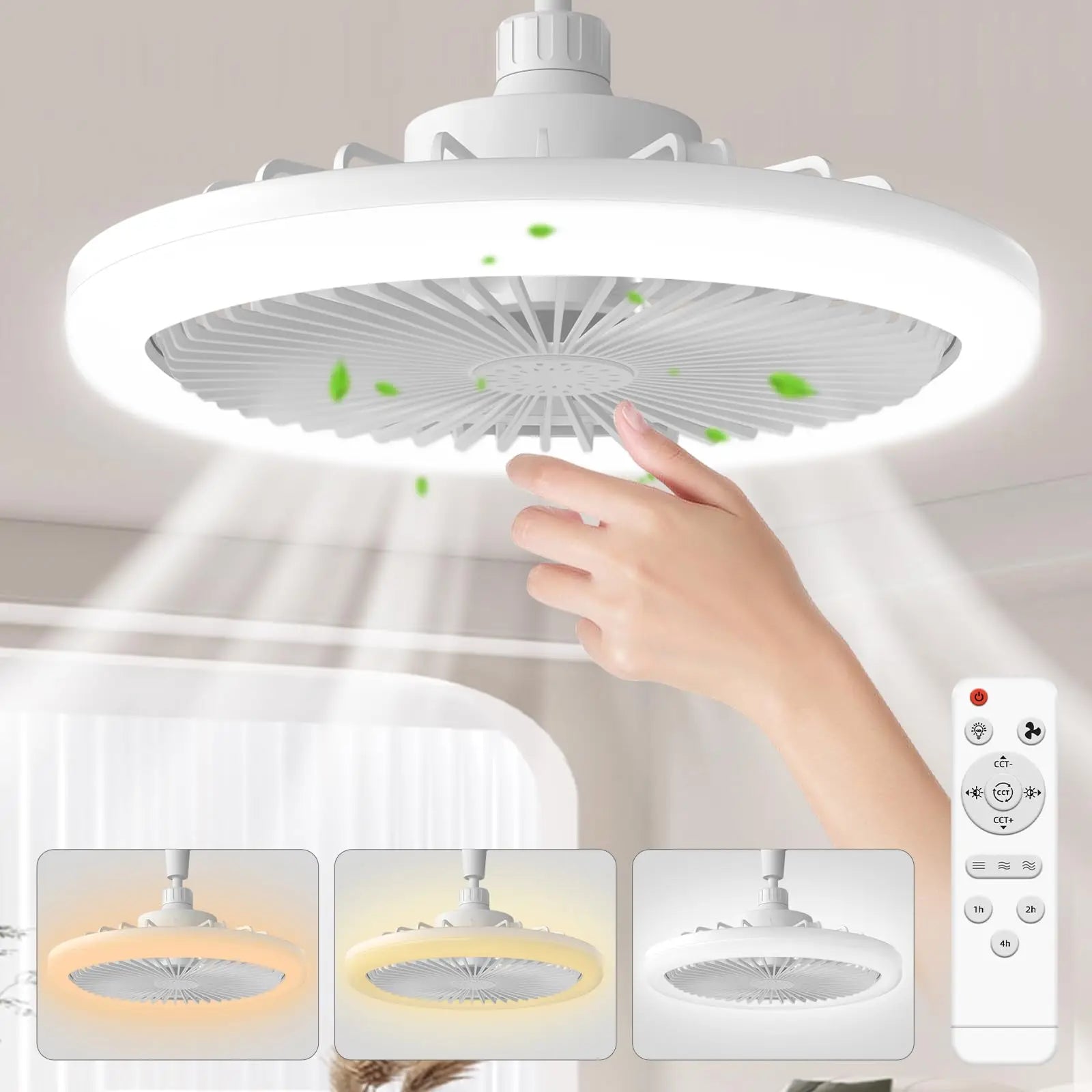 Screw-In Socket Ceiling Fan with LED Light - Easy E27 Plug-and-Play Installation - 3-Speed Silent Fan with Dimmable 3-Color Lighting