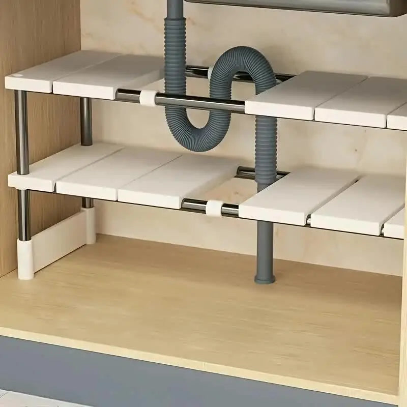Adjustable Stainless Steel Under-Sink Organizer - Expandable Storage Rack for Kitchen & Bathroom - Stackable & Rust-Proof