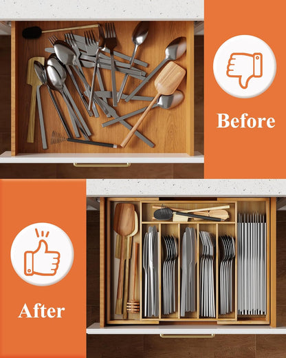  Expandable Drawer Organizer for Utensil, Cutlery and Flatware, Kitchen Storage Solution with 6 to 8 Slots, Natural, 19.4" × 13.1" × 1.8"