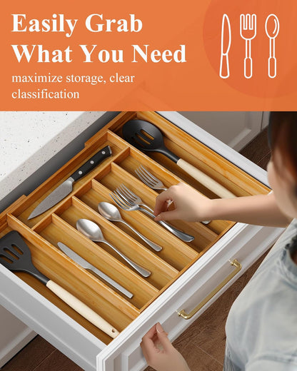  Expandable Drawer Organizer for Utensil, Cutlery and Flatware, Kitchen Storage Solution with 6 to 8 Slots, Natural, 19.4" × 13.1" × 1.8"